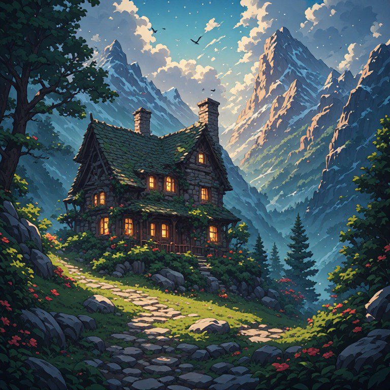 Cozy stone alpine cottage with glowing windows, along a stone path in a mountain valley