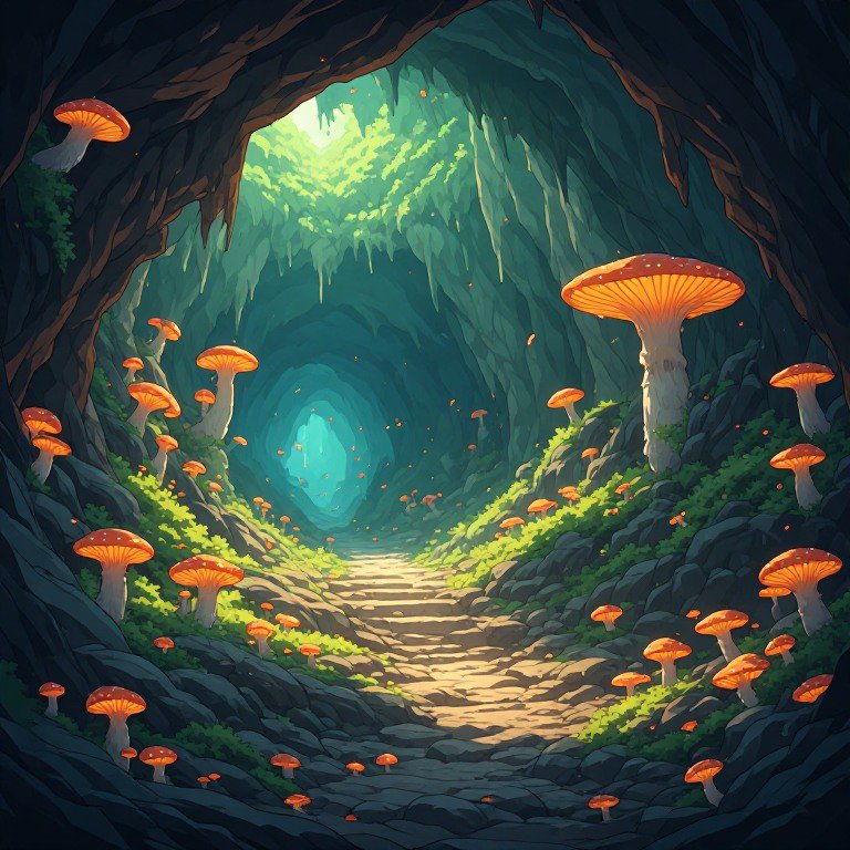 Fantasy cave path bathed in green light with glowing orange mushrooms along stone steps.