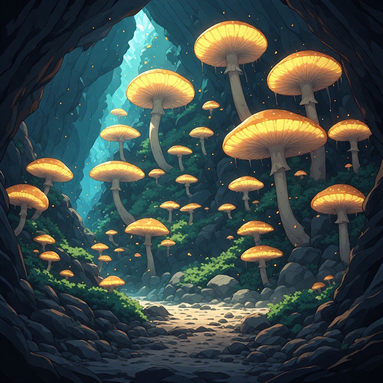 Fantasy cave filled with tall glowing orange mushrooms along a rocky path.