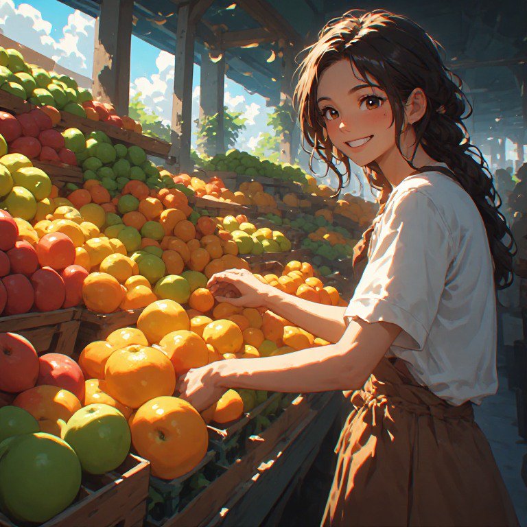 Young woman in an apron selecting oranges at a sunny outdoor market