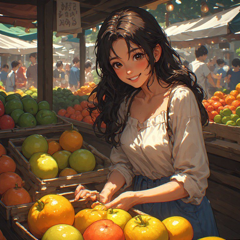 Anime-style woman at a sunny outdoor fruit market picking bright fruit from crates.