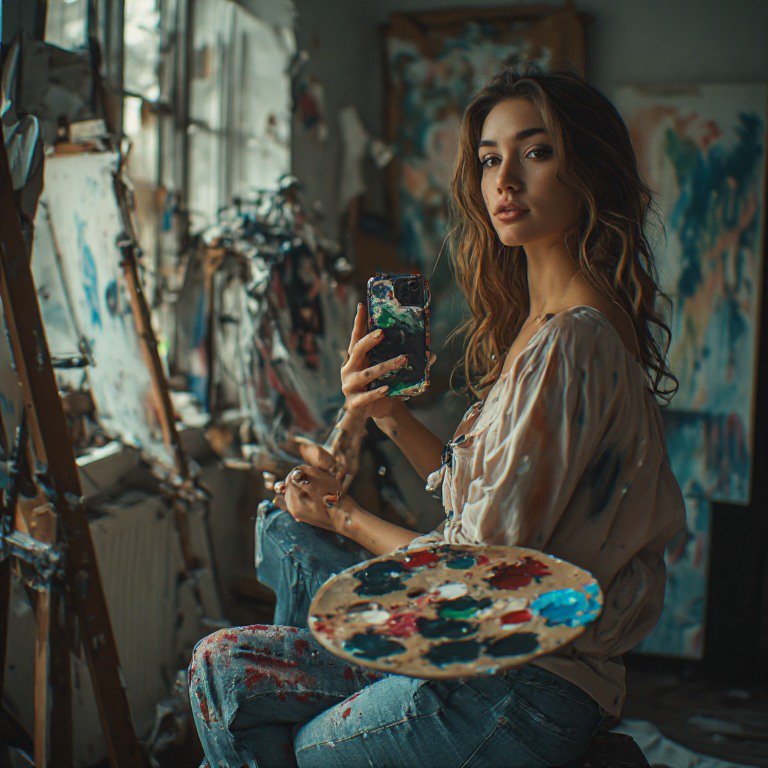 Female artist in a paint-splattered studio, holding a palette and smartphone amid easels.