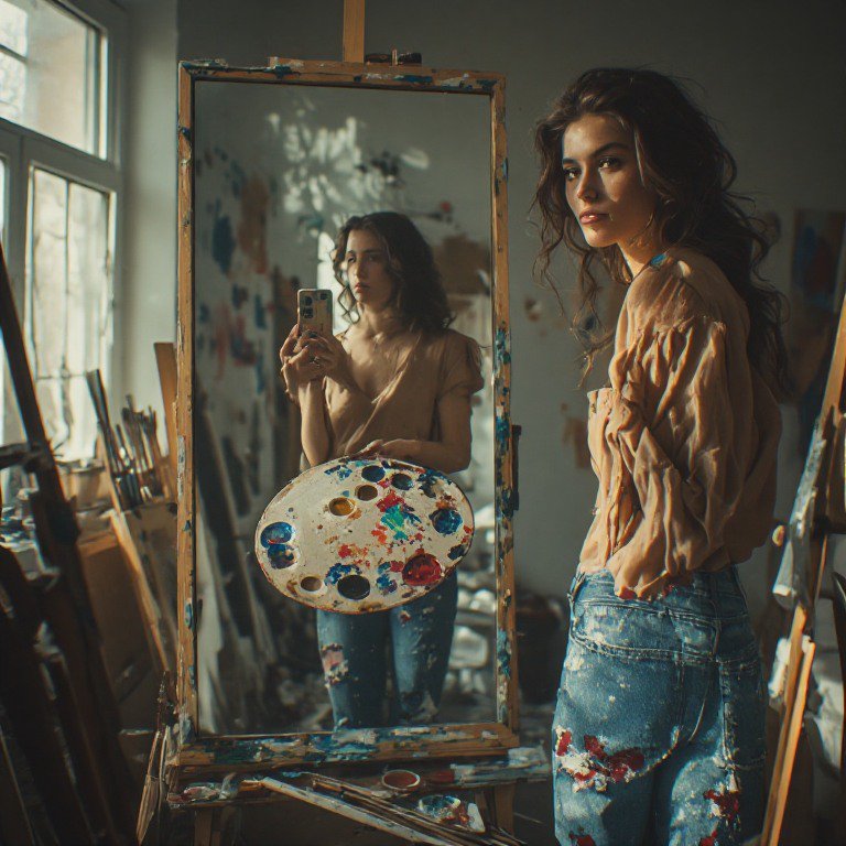 Female artist in a paint-splattered studio, taking a selfie by a mirror with a colorful palette.