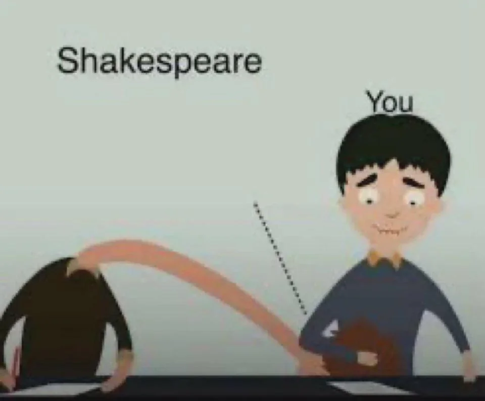 Cartoon of a student labeled "You" about to strike a figure labeled Shakespeare with a curved motion in a classroom scene.