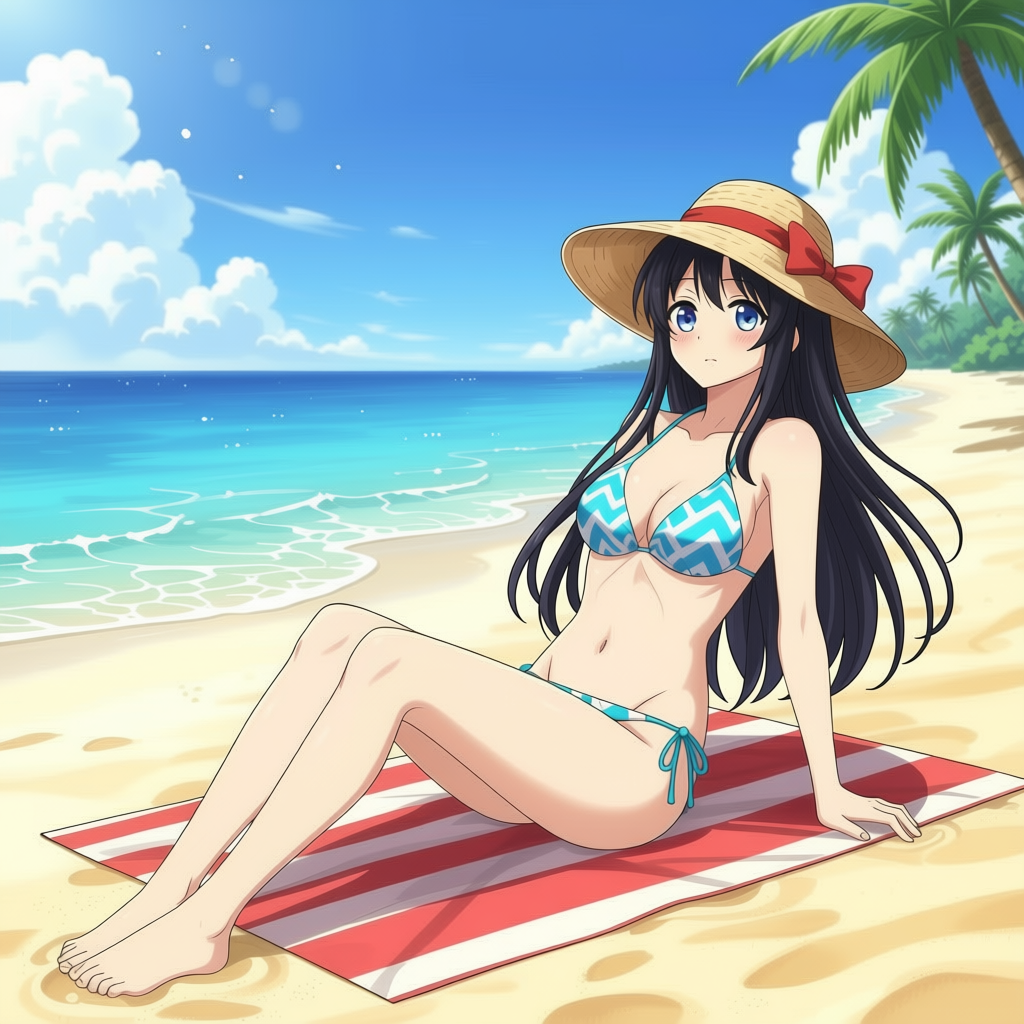 Anime girl wearing a straw sun hat and zigzag bikini sits on a striped towel at a sunny tropical beach