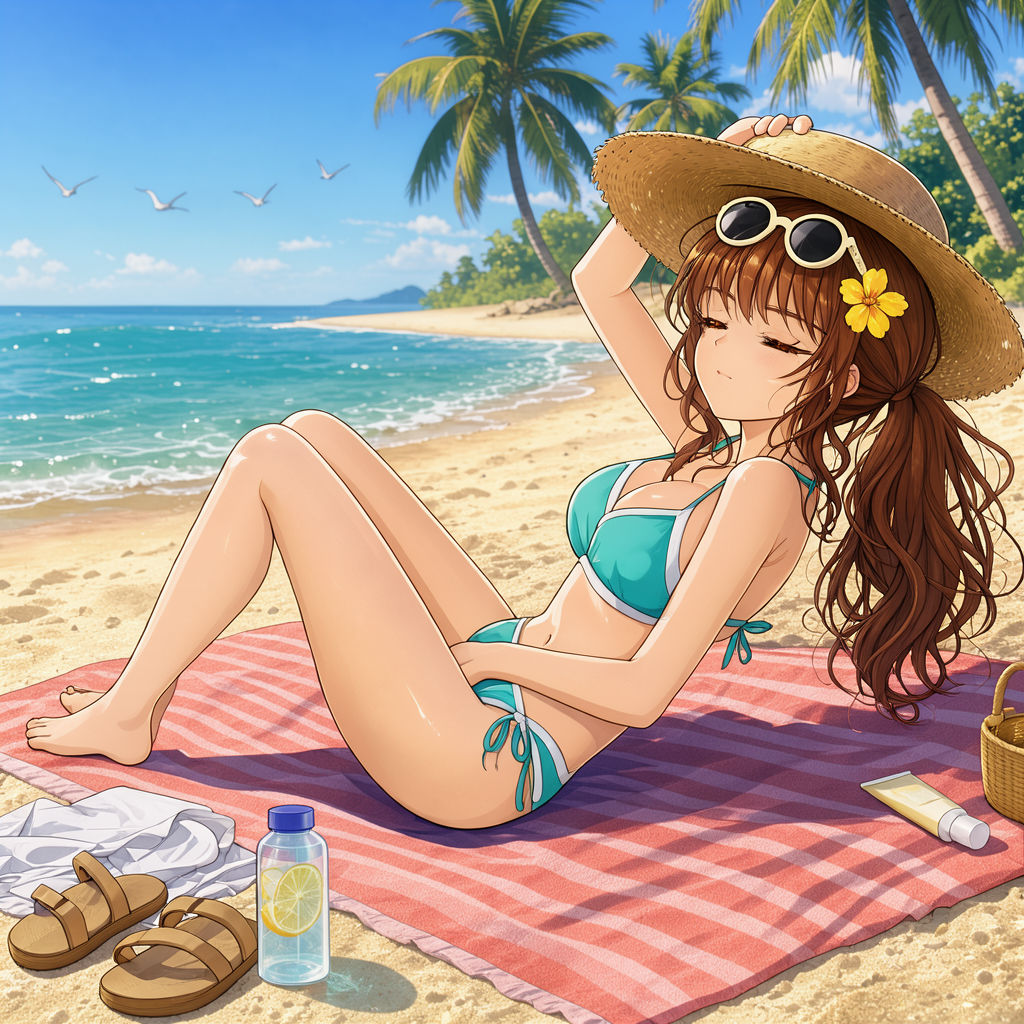 Anime girl in a teal bikini and straw hat relaxes while sunbathing on a tropical sandy beach