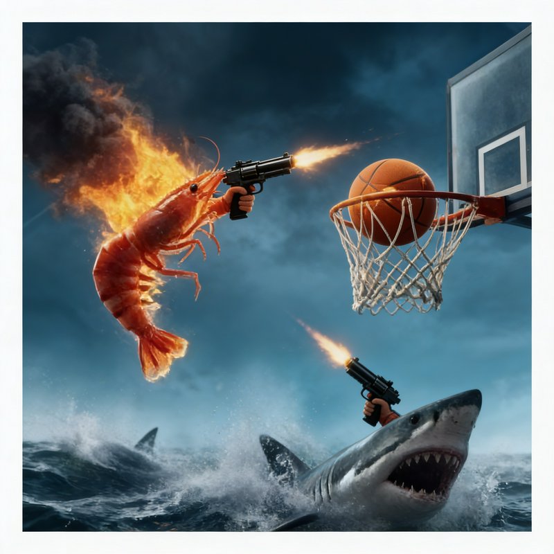 Dramatic surreal scene of a lobster and a shark firing pistols at a basketball hoop above rough s...