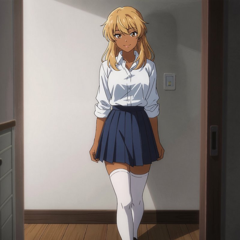 Smiling tanned blonde anime schoolgirl in uniform stands in a sunlit residential doorway, soft wa...