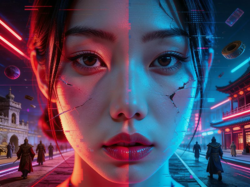 Split glitch art portrait of East Asian woman, divided red/blue neon lighting, cyberpunk historic...