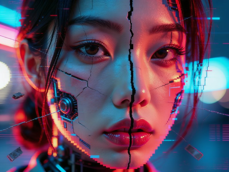 Close-up glitch portrait of a fractured cyberpunk cyborg woman, lit by contrasting red and blue n...