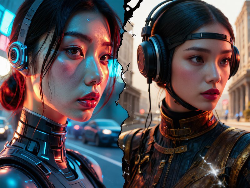 Jagged split diptych portrait of two cyberpunk East Asian women in parallel futuristic urban sett...