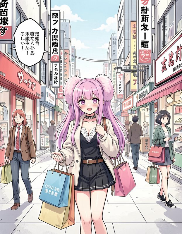 Cheerful anime girl with fluffy pink pigtails carries shopping bags on a busy sunny Japanese shop...