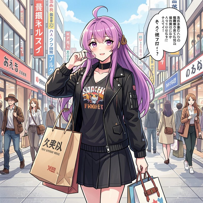 Cheerful purple-haired anime girl holding shopping bags stands on a busy downtown Japanese shoppi...