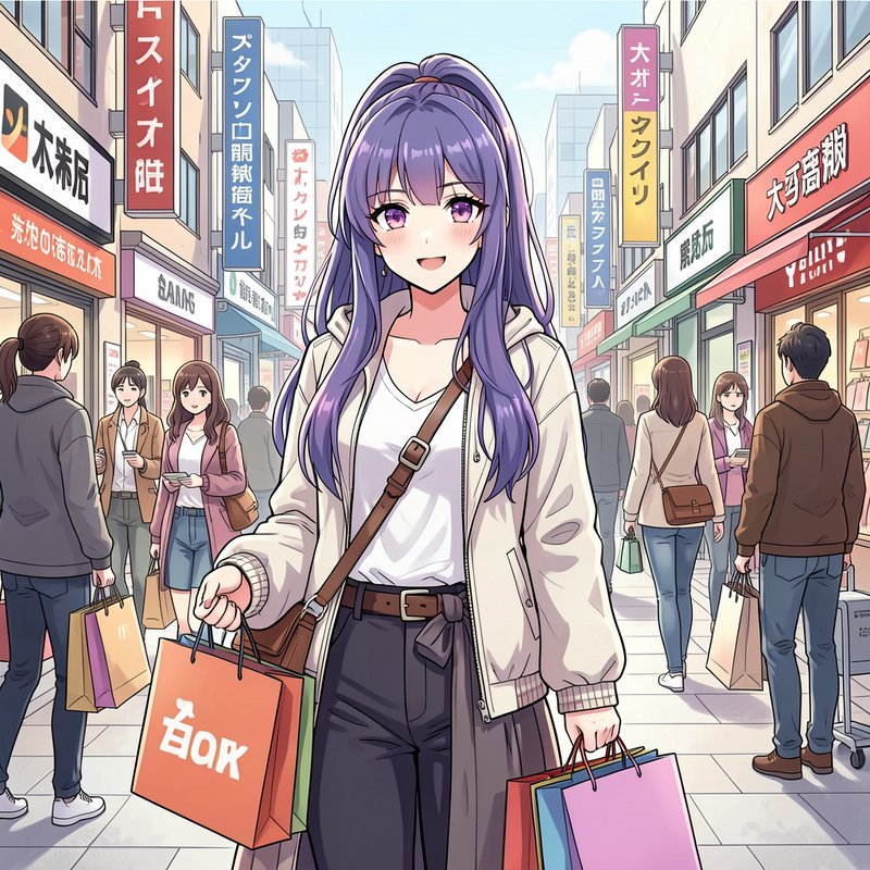 Smiling anime girl with long purple hair holds shopping bags on a busy sunny Japanese city shoppi...