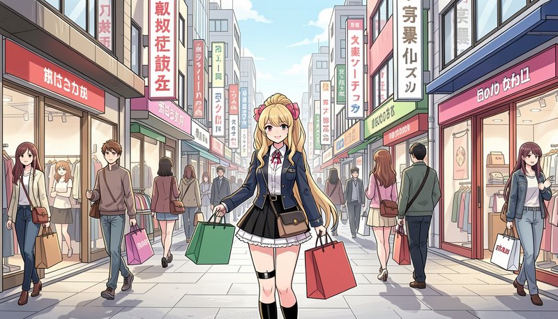 Smiling blonde anime schoolgirl carrying shopping bags walks down a busy sunny Japanese shopping ...