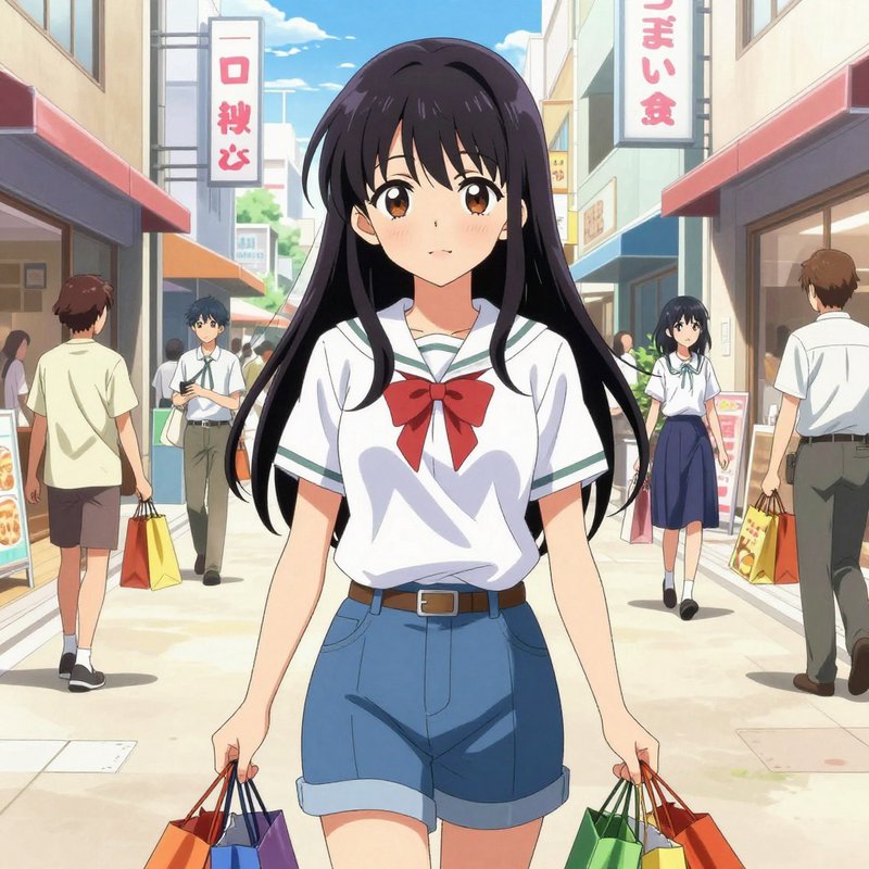 Anime high school girl with long black hair holds colorful shopping bags while walking on a sunny...