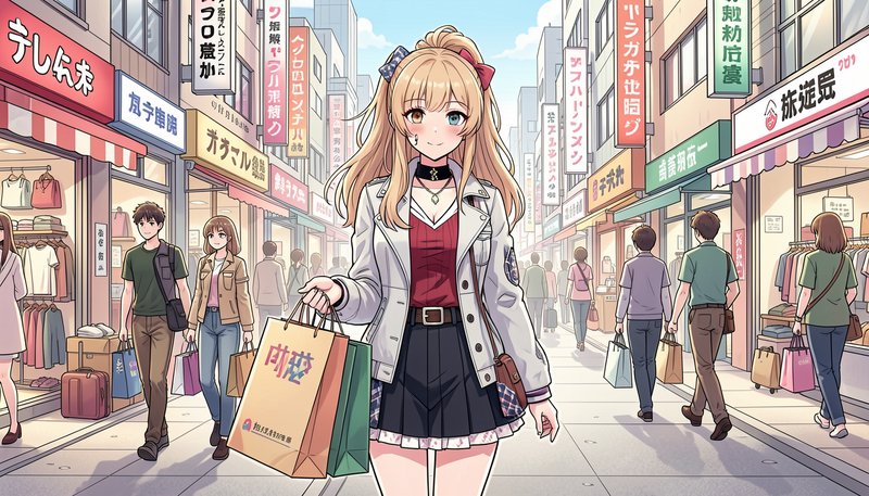 Anime illustration of a blonde teen girl holding shopping bags on a sunny busy Japanese downtown ...