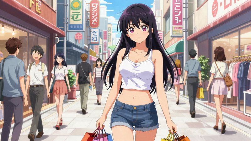 Anime girl with long black hair carries colorful shopping bags while walking along a busy sunny J...