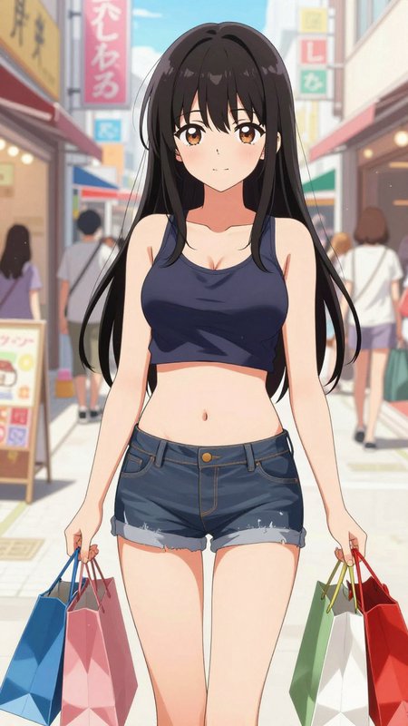 Anime girl with long straight black hair holds colorful shopping bags while standing on a sunny J...