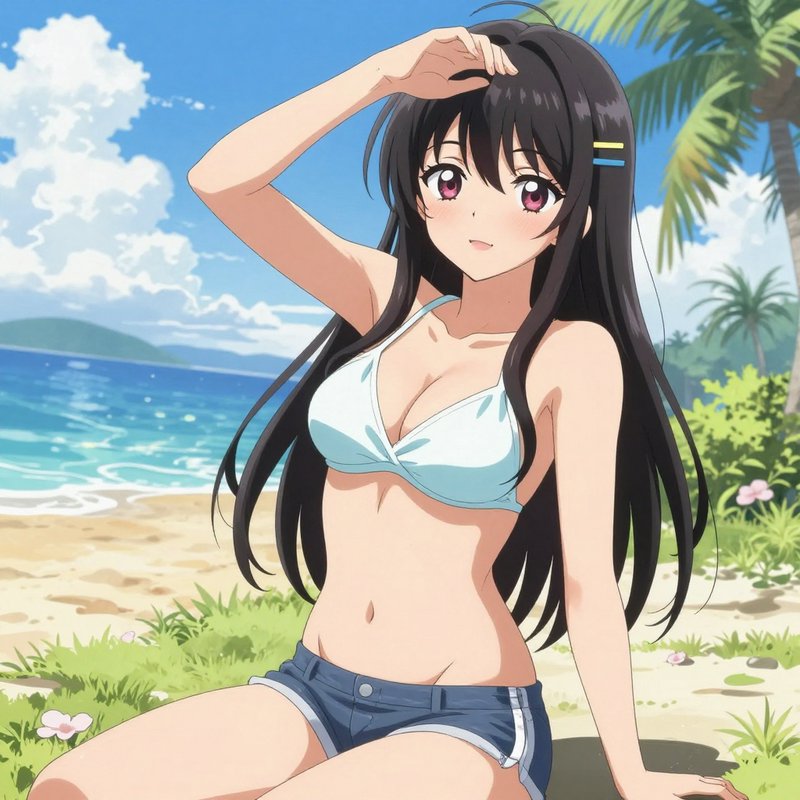 Cute anime girl with long black hair sits on a sunny tropical beach wearing a bikini top and deni...