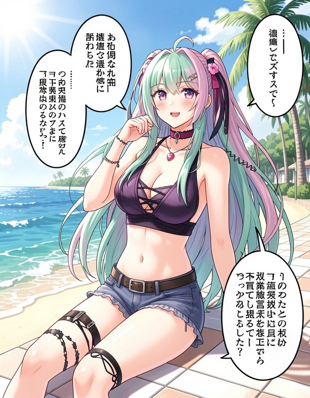 Anime girl with dual-tone pastel twin-tail hair sits on a sunny tropical beach in a manga panel w...