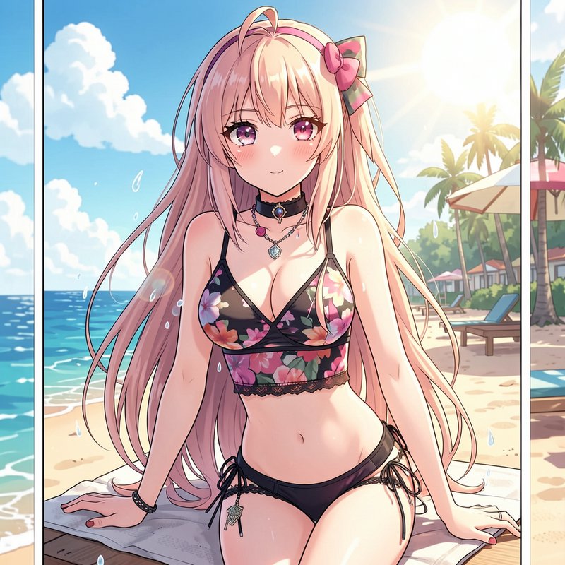 Cute blonde anime girl in floral bikini sitting on a sunlit tropical beach, bright summery coasta...