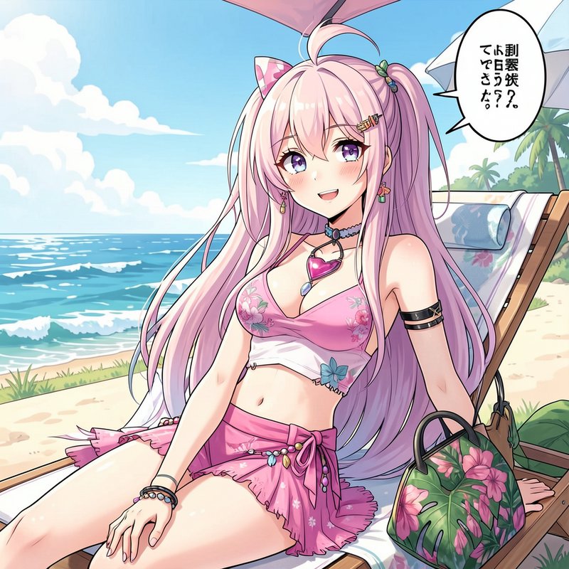 Cute pastel pink-haired anime girl relaxes on a beach lounge chair at a sunny tropical summer beach