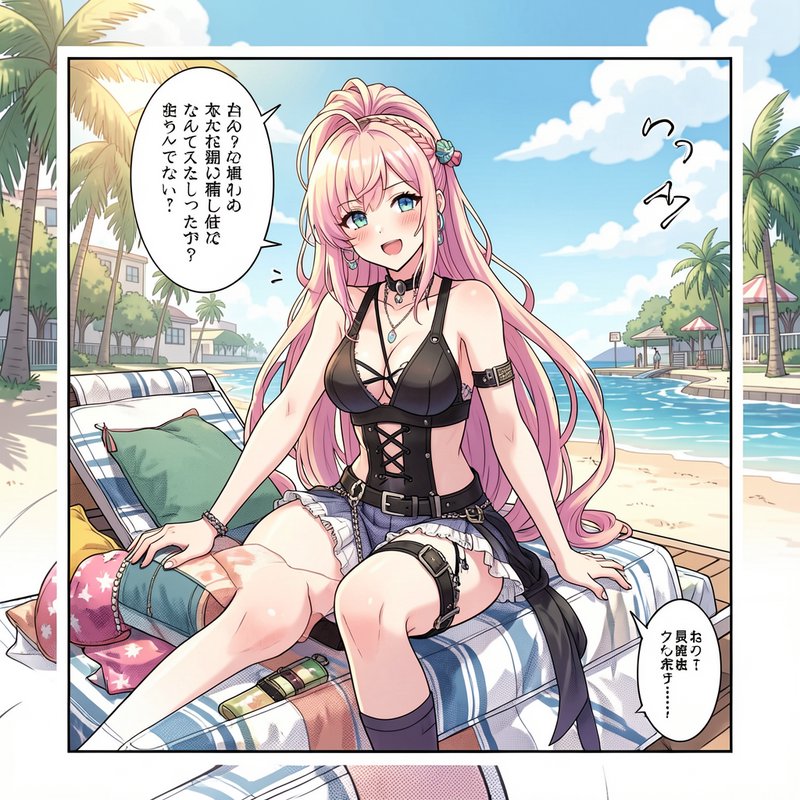 Manga panel showing cheerful pink-haired anime girl seated on a beach lounge chair on a sunny tro...