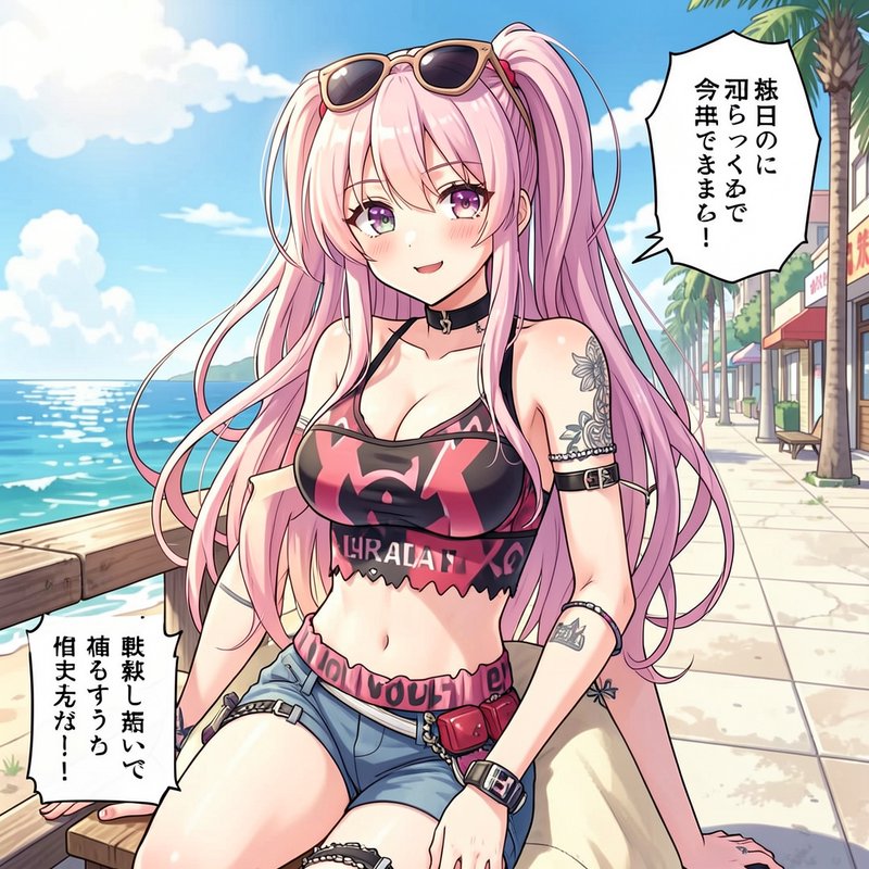Pink twin-tailed anime girl in summer streetwear sits on a sunny tropical beach boardwalk