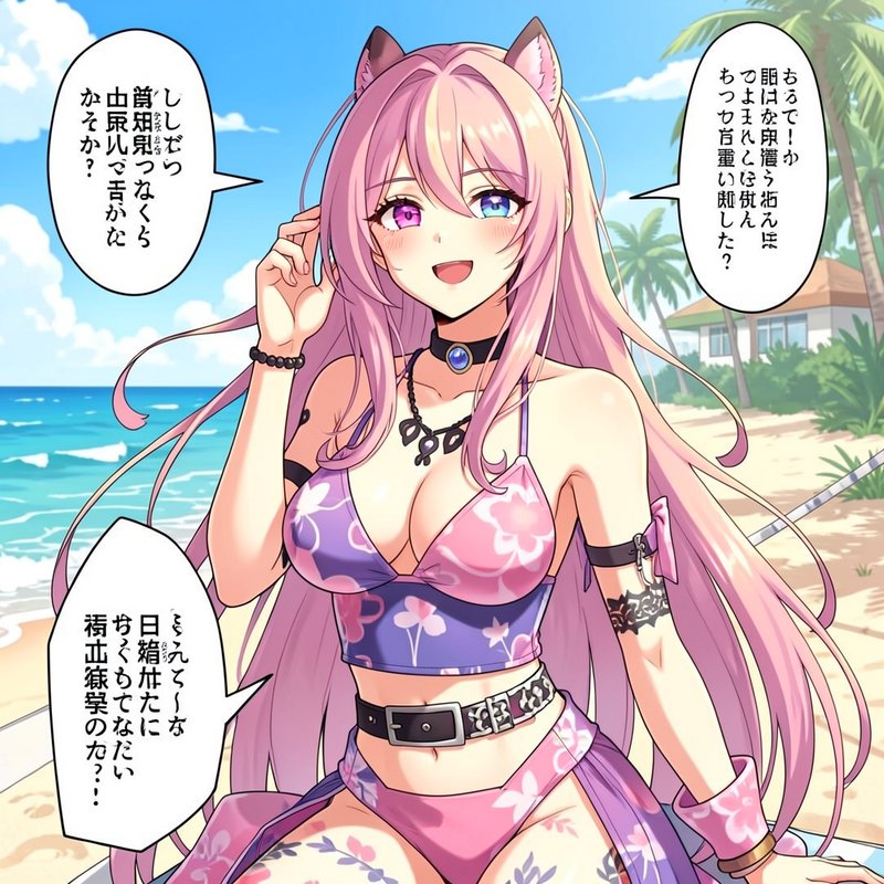 Cheerful anime nekomimi cat girl with pink hair heterochromia, in floral swimsuit on sunny tropic...