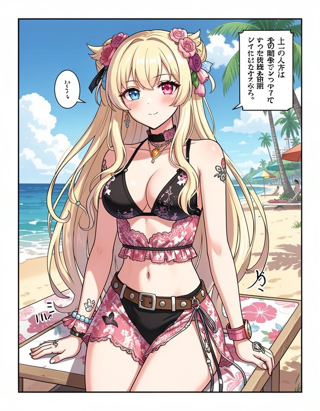 Anime manga panel of blonde heterochromatic girl in floral beachwear, posed on a sunny tropical b...