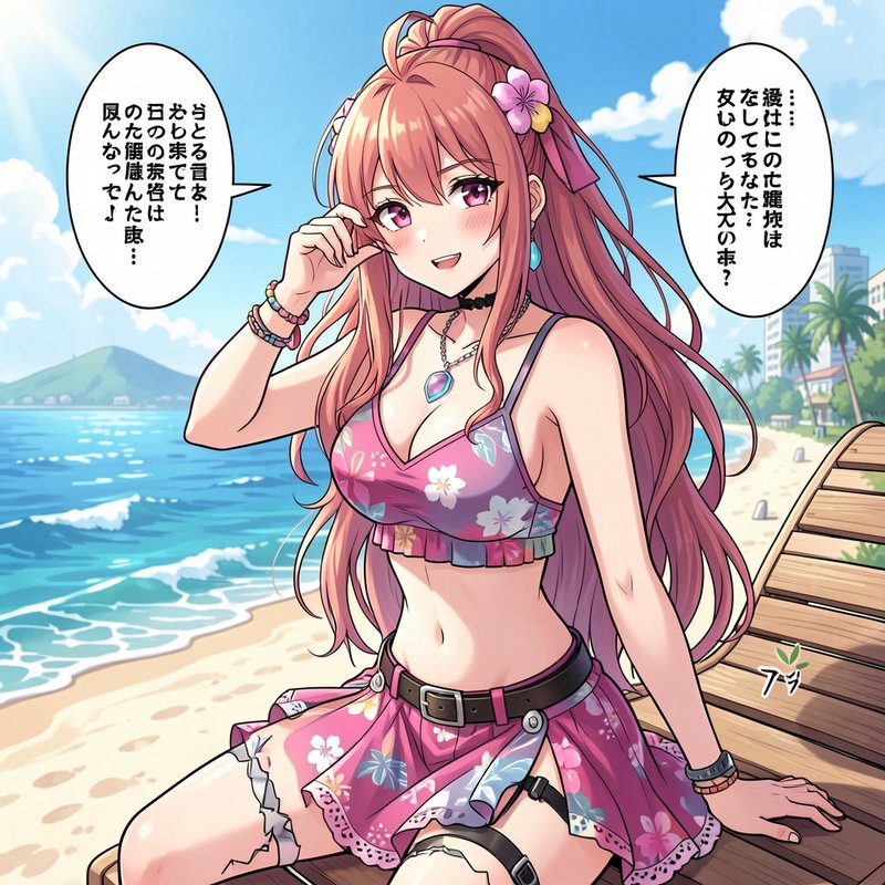 Anime girl with long pink flower-adorned hair sits on a beach bench in a sunny tropical summer ma...