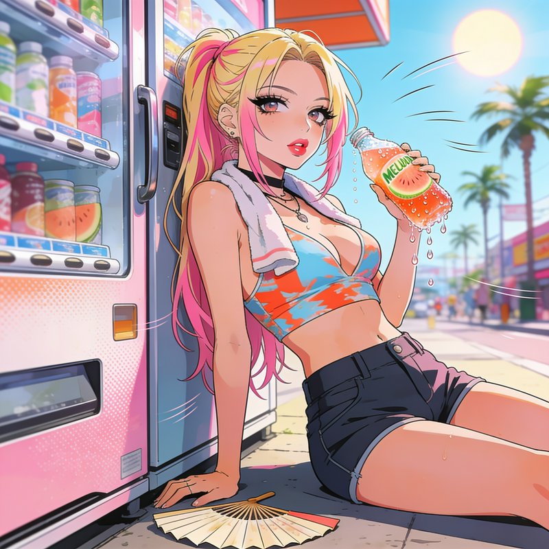 Anime girl with pink-streaked blonde hair leans on a pastel vending machine holding dripping wate...