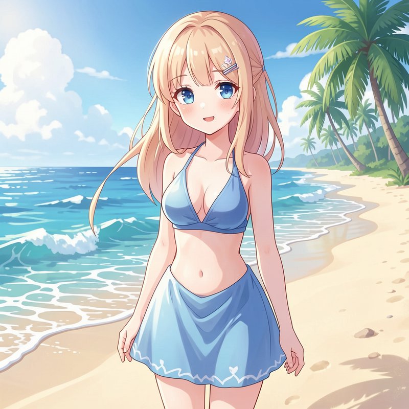 Cute blonde anime girl in blue beachwear stands on a sunny tropical beach with palm trees and ocean