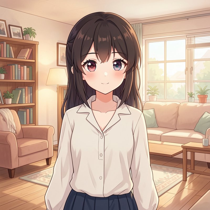 Cute anime girl with heterochromatic eyes stands smiling in a sunlit cozy pastel living room, war...