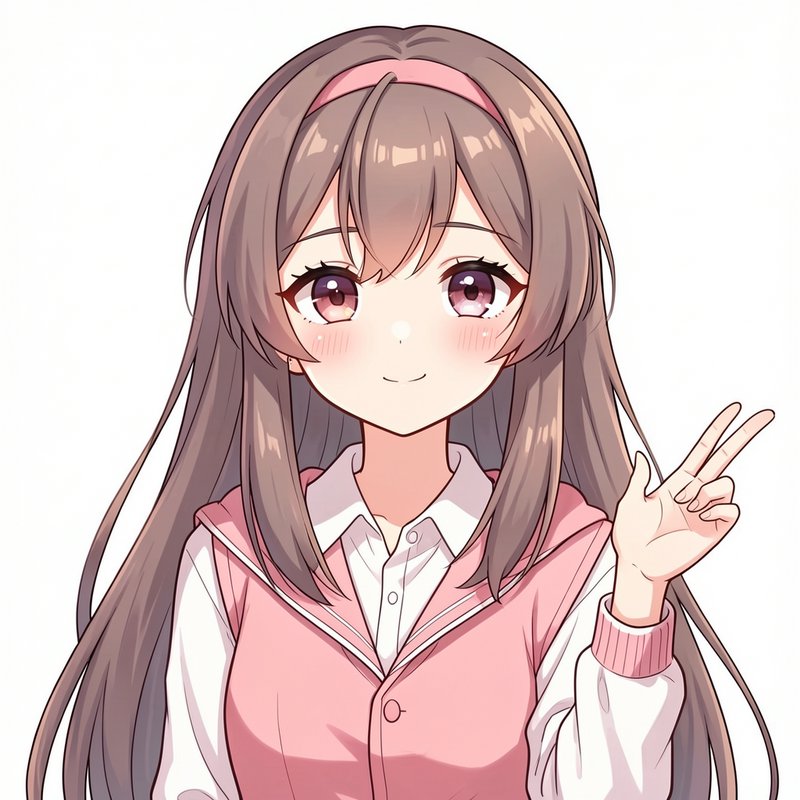 Cute blushing anime girl with long brown hair holds up a peace sign, soft pastel art style on a p...