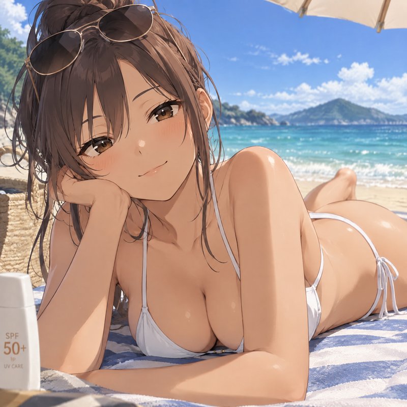 Anime young woman in a white bikini relaxes on a sunny tropical beach, smiling softly at the viewer.