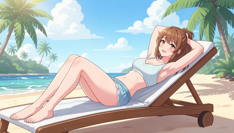 Anime young woman relaxing on a beach lounge chair on a sunny tropical palm-lined ocean shore