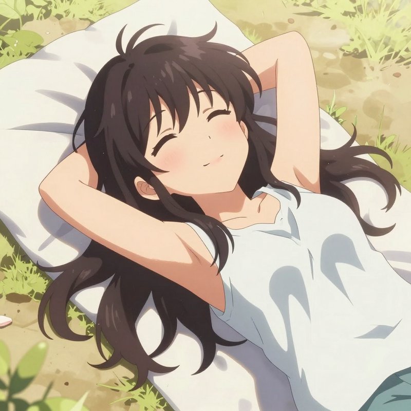 Smiling blushing anime girl with long dark hair rests on a pillow outdoors, arms behind her head,...