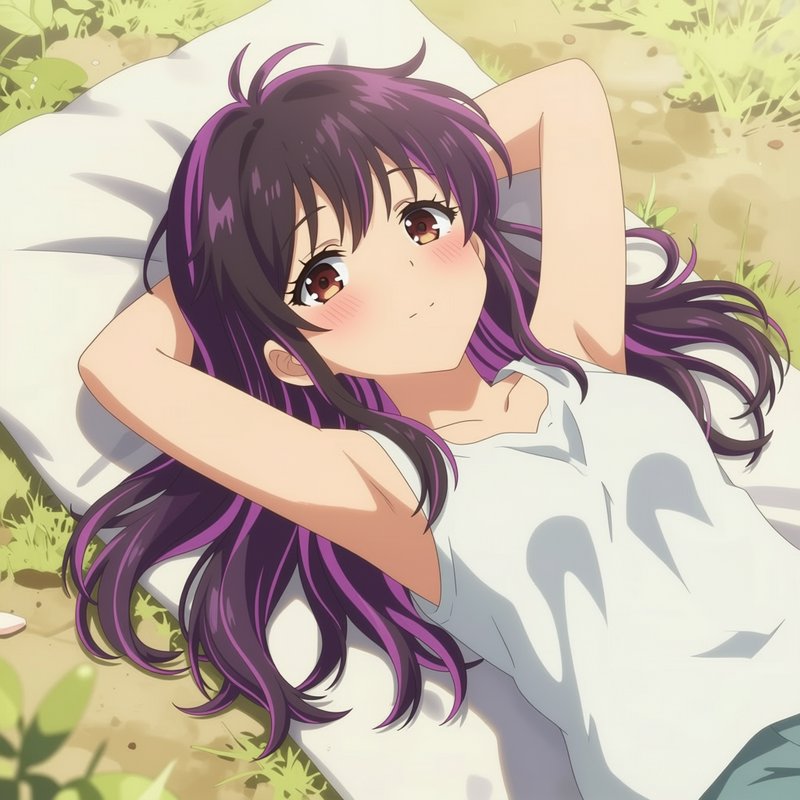Anime girl with streaked purple hair blushes softly while reclining outdoors on a cushion, hands ...