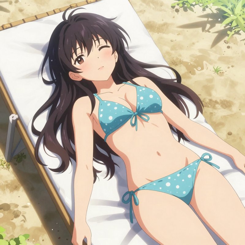 Anime girl winks while sunbathing on a beach lounge chair in a turquoise polka dot bikini