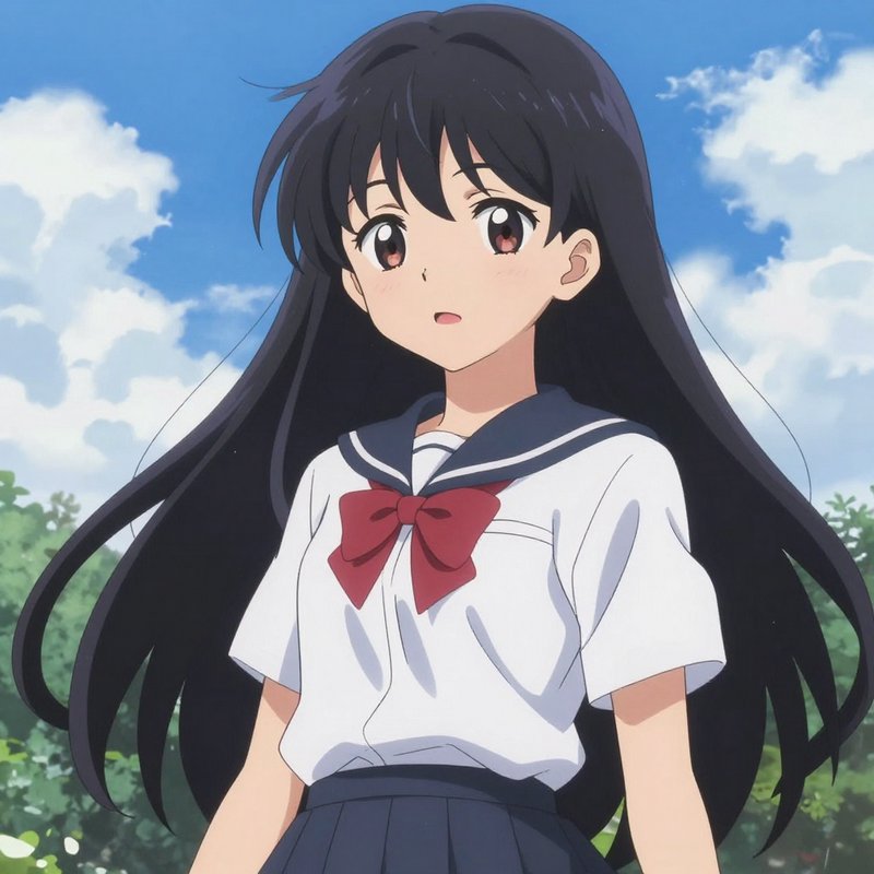 Anime schoolgirl with long black hair in a sailor uniform stands against a bright sunny sky backdrop