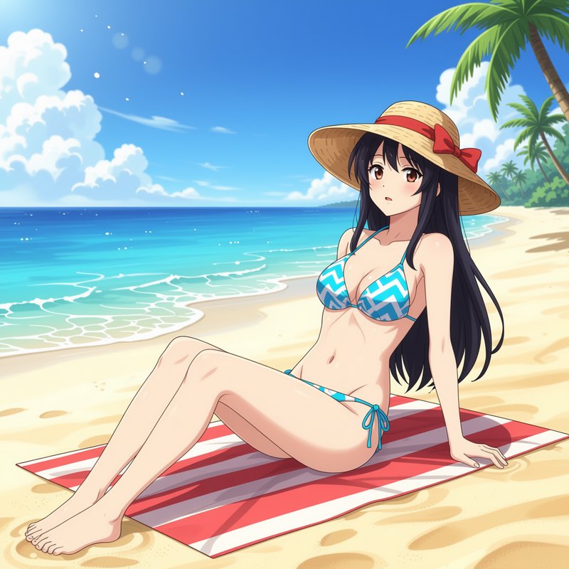 Anime girl wearing a straw sun hat sits on a striped towel on a sunny tropical beach