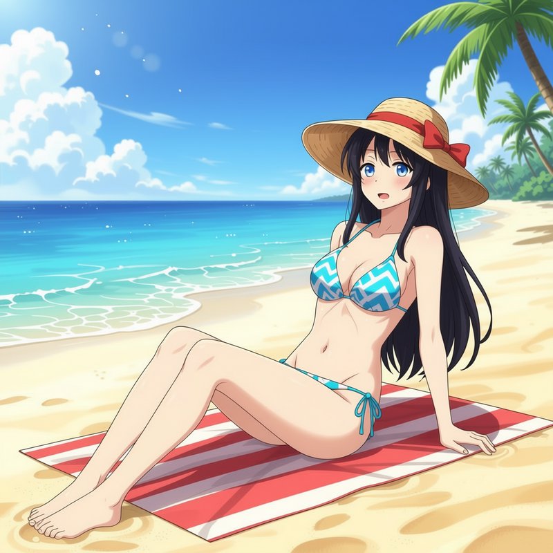 Anime girl in a straw sun hat relaxing on a striped beach towel at a sunny tropical shore