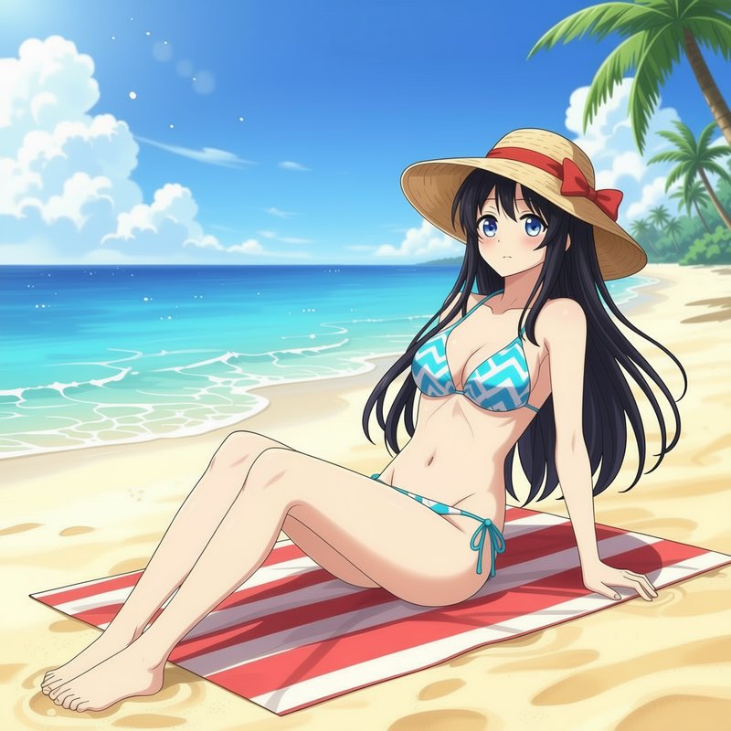 Anime girl wearing a straw sun hat and zigzag bikini sits on a striped towel at a sunny tropical beach