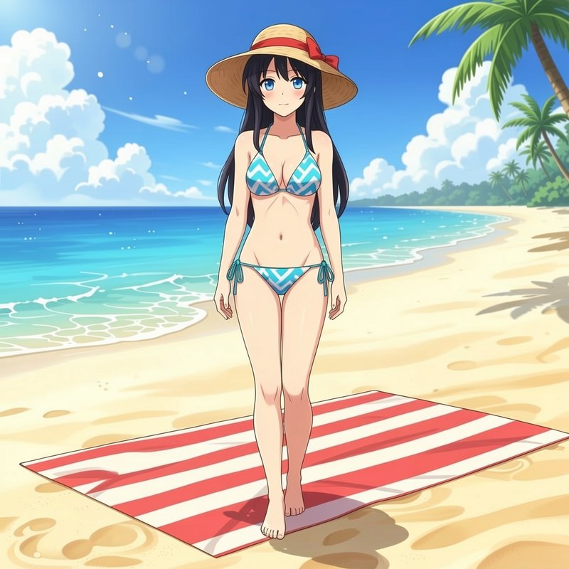 Anime girl wearing a straw sun hat and bikini stands on a striped beach towel on a sunny tropical beach