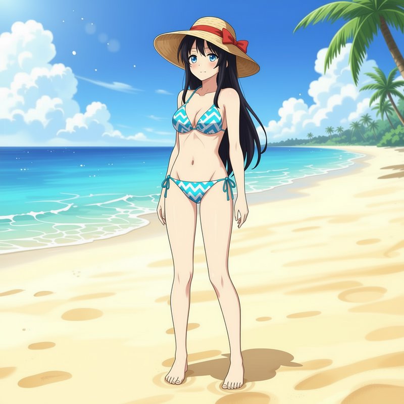 Anime girl in a chevron bikini and straw hat standing on a sunny tropical beach