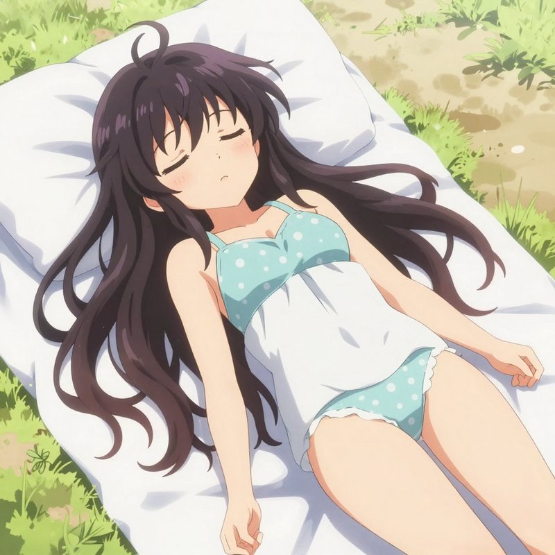 Long-haired anime girl sleeping peacefully on a blanket spread over sunlit grass