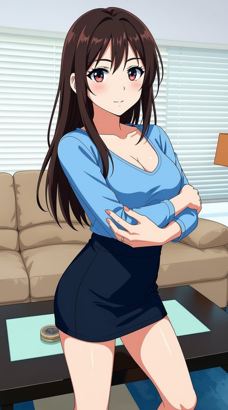 Anime young woman with long dark brown hair stands with crossed arms in a cozy living room