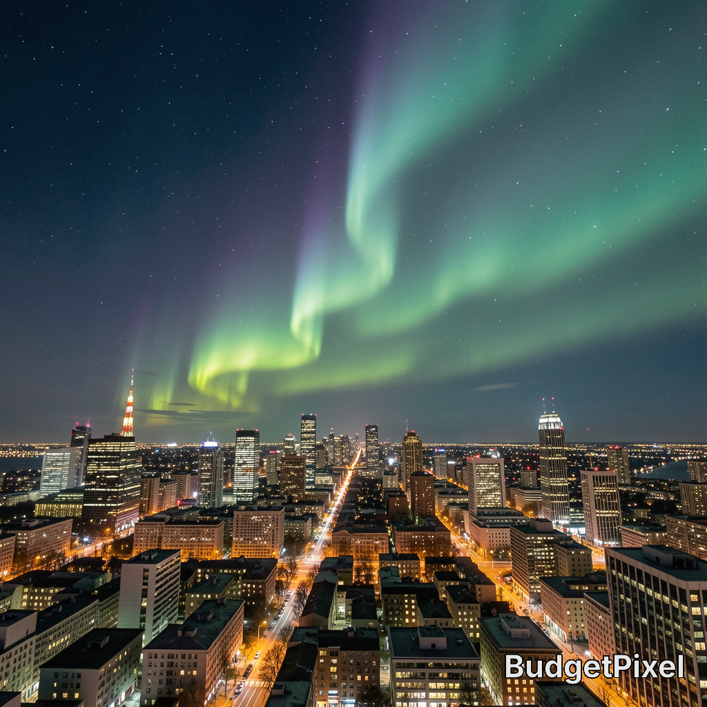 Night cityscape under green aurora borealis over skyscrapers and glowing streets